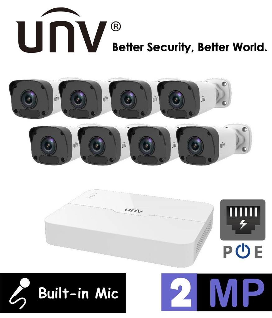 [KIT/301-08LB-P8/8*2122LR3-PF40M-D] UNV  2MP 8-Channel POE NVR Kit -  Ultra 265  Bullet Camera (HDD & Cables not ...